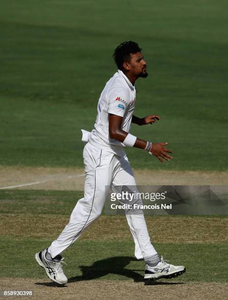 Suranga Lakmal of Sri Lanka reacts during Day Three of the Second Test between Pakistan and Sri Lanka at Dubai International Cricket Ground on...