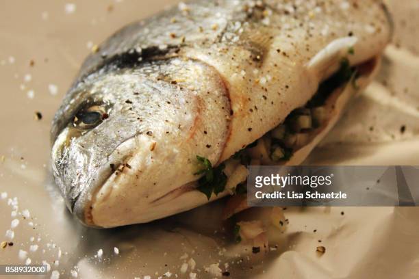 stuffed gilthead (sparus aurata) - sparus aurata stock pictures, royalty-free photos & images