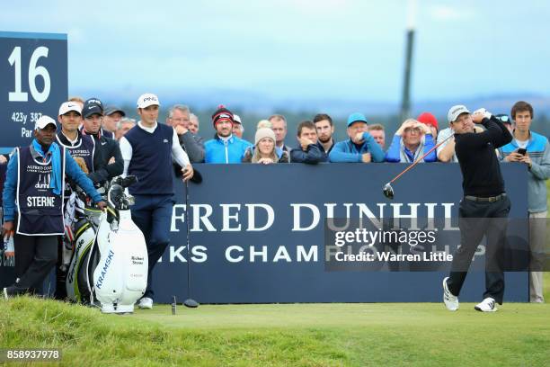 Richard Sterne of South Africa tees off on the 16th during the final round of the 2017 Alfred Dunhill Championship at The Old Course on October 8,...