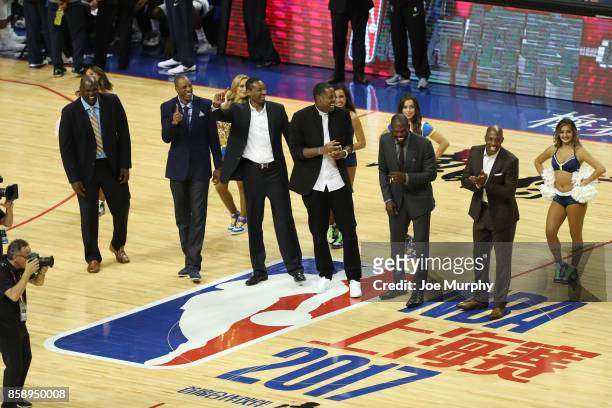 Legends Adonal Foyle, Jerome Williams, Rashard Lewis, Marcus Camby, Jason Richardson and Chauncey Billups gets announced during a timeout of the...