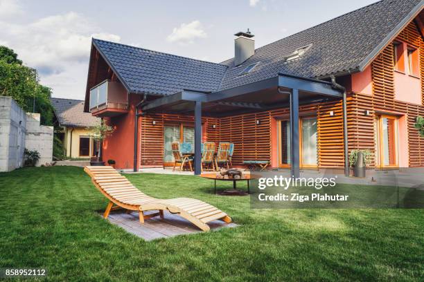 modern home with back yard - sun deck stock pictures, royalty-free photos & images