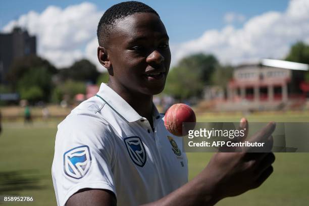 South Africa bowler Kagiso Rabada celebrates his 100 wickets in Test Matches playing with the ball after South Africa won at the end of the third day...