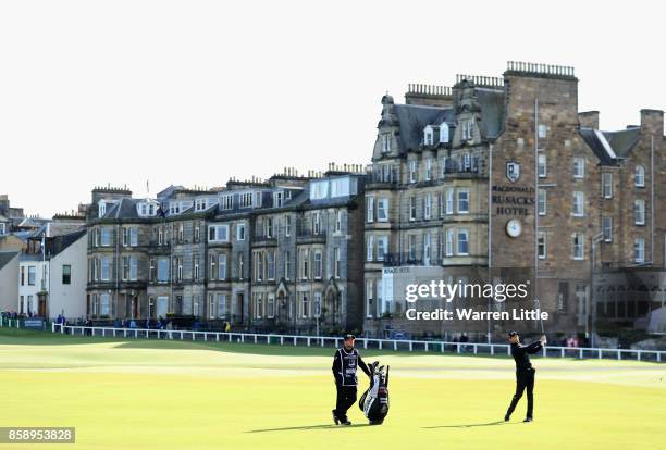 Gregory Bourdy of France plays his second shot on the 1st during the final round of the 2017 Alfred Dunhill Championship at The Old Course on October...