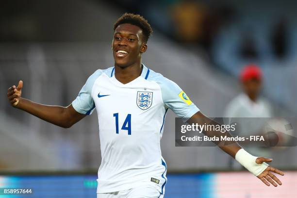 Callum Hudson-Odoi of England celebrates a scored goal during the FIFA U-17 World Cup India 2017 group F match between Chile and England at...