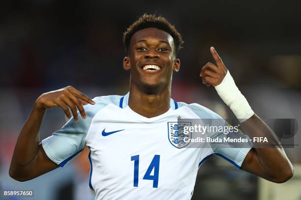 Callum Hudson-Odoi of England celebrates a scored goal during the FIFA U-17 World Cup India 2017 group F match between Chile and England at...