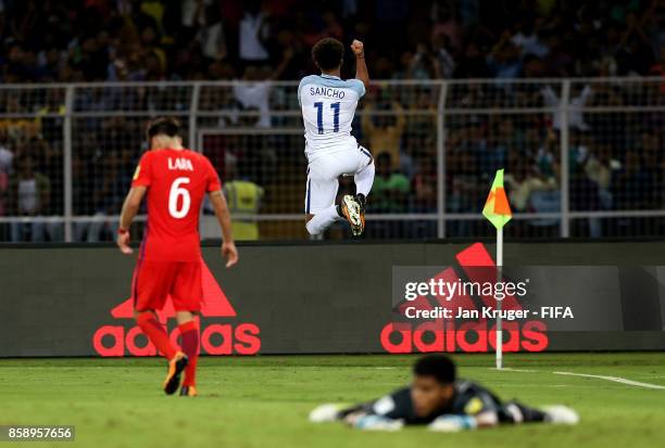 Jadon Sancho of England celebrates his goal during the FIFA U-17 World Cup India 2017 group F match between Chile and England at Vivekananda Yuba...