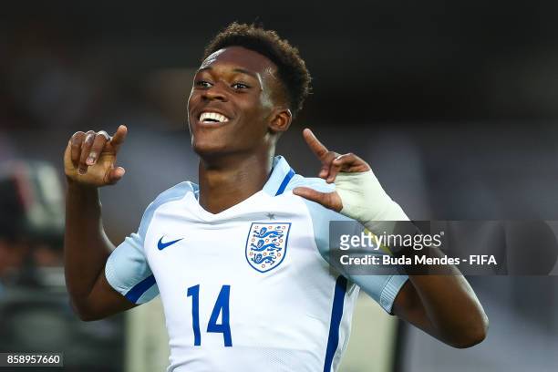 Callum Hudson-Odoi of England celebrates a scored goal during the FIFA U-17 World Cup India 2017 group F match between Chile and England at...