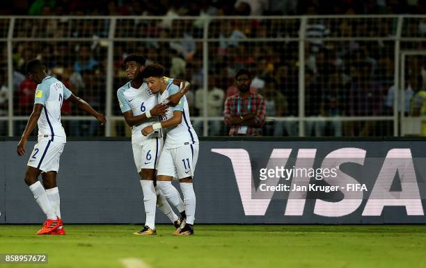 Jadon Sancho of England celebrates his goal with team mates during the FIFA U-17 World Cup India 2017 group F match between Chile and England at...