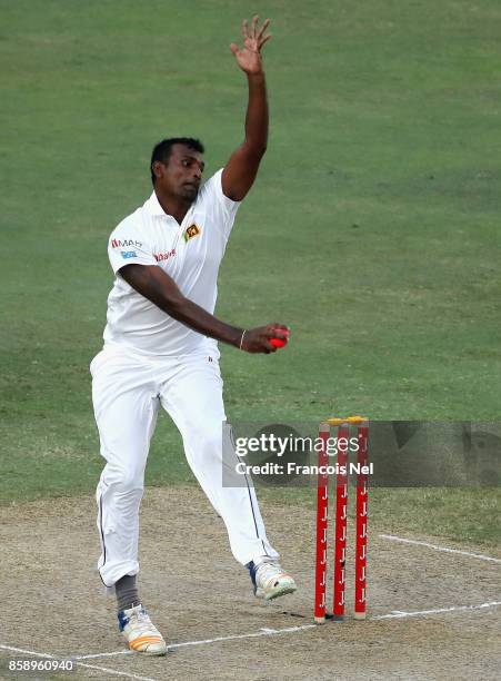 Lahiru Gamage of Sri Lanka bowls during Day Three of the Second Test between Pakistan and Sri Lanka at Dubai International Cricket Ground on October...