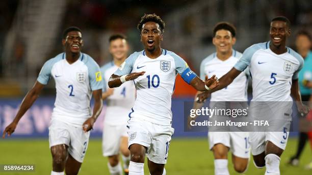 Angel Gomes of England celebrates his goal during the FIFA U-17 World Cup India 2017 group F match between Chile and England at Vivekananda Yuba...