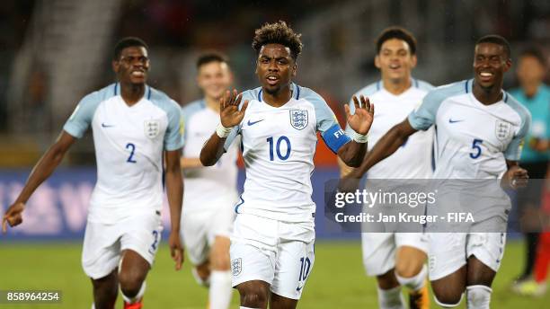 Angel Gomes of England celebrates his goal during the FIFA U-17 World Cup India 2017 group F match between Chile and England at Vivekananda Yuba...