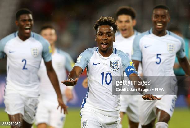 Angel Gomes of England celebrates his goal during the FIFA U-17 World Cup India 2017 group F match between Chile and England at Vivekananda Yuba...