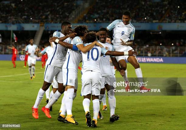 Angel Gomes of England celebrates his goal with team mates during the FIFA U-17 World Cup India 2017 group F match between Chile and England at...