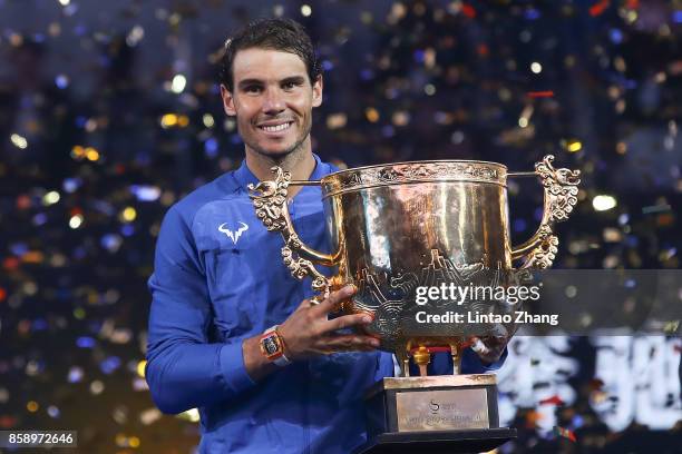 Rafael Nadal of Spain hold the winners trophy after winning the Men's Singles final against Nick Kyrgios of Australia on day nine of the 2017 China...