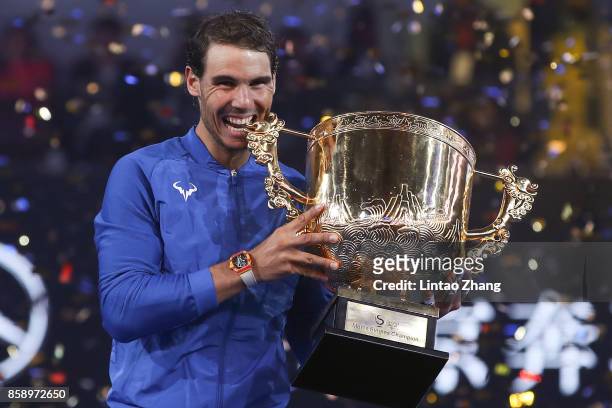 Rafael Nadal of Spain hold the winners trophy after winning the Men's Singles final against Nick Kyrgios of Australia on day nine of the 2017 China...