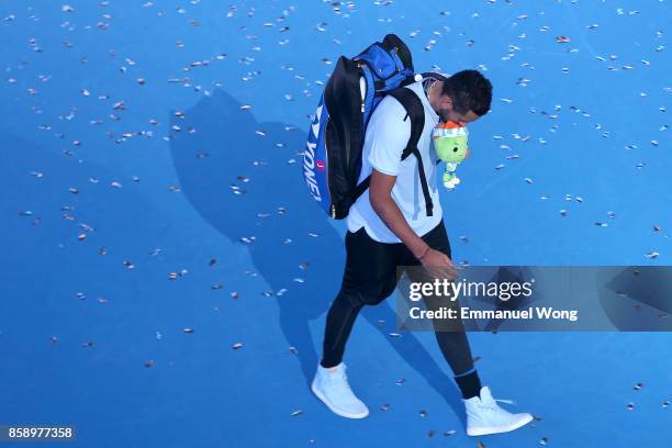 Nick Kyrgios of Australia leaves the court after losing the Men's singles final match against Rafael Nadal of Spain on day nine of the 2017 China...