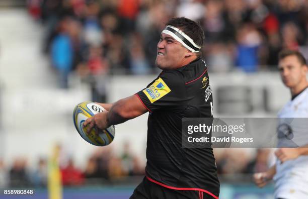 Jamie George of Saracens celebrates after scoring their second try during the Aviva Premiership match between Saracens and Wasps at Allianz Park on...