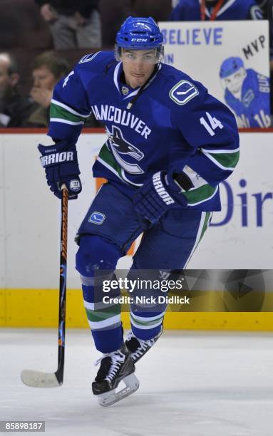 Alexandre Burrows of the Vancouver Canucks skates during their game against the Calgary Flames at General Motors Place April 7, 2009 in Vancouver,...