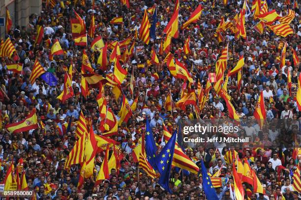 Pro-Unity rally marches through Barcelona in response to last Sundays disputed referendum on Catalan independence on October 8, 2017 in Barcelona,...