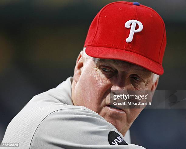 Phillies manager Charlie Manuel during the game between the Atlanta Braves and the Philadelphia Phillies at Turner Field in Atlanta, GA on April 30,...