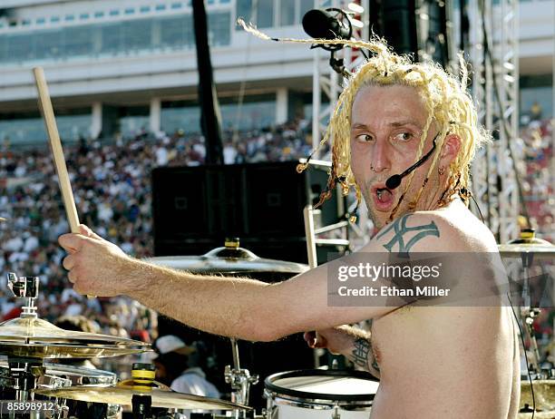 Sevendust drummer Morgan Rose performs at KXTE Xtreme Radio's "Our Big Concert 5" at Sam Boyd Stadium June 16, 2002 in Las Vegas, Nevada. The band is...