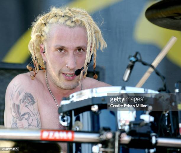 Sevendust drummer Morgan Rose performs at KXTE Xtreme Radio's "Our Big Concert 5" at Sam Boyd Stadium June 16, 2002 in Las Vegas, Nevada. The band is...