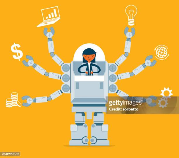 ilustraciones, imágenes clip art, dibujos animados e iconos de stock de empresaria multitarea con robot - multi tasking