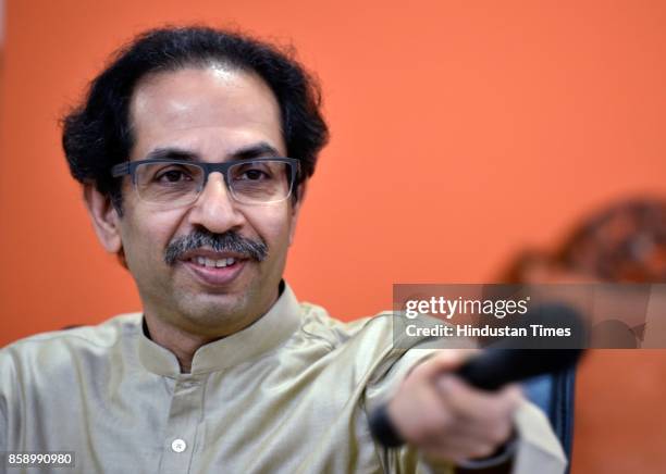 Shiv Sena President Uddhav Thackeray addresses media persons during a press conference at Shiv Sena Bhavan, on October 7, 2017 in Mumbai, India....