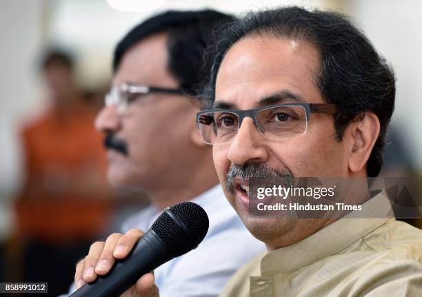 Shiv Sena President Uddhav Thackeray addresses media persons during a press conference at Shiv Sena Bhavan, on October 7, 2017 in Mumbai, India....