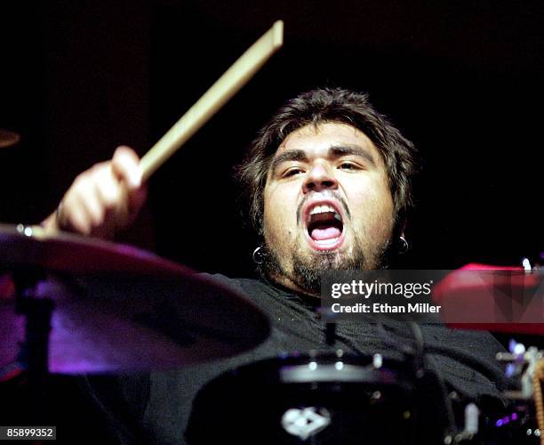 Papa Roach drummer Dave Buckner performs during a private concert at the Cox Pavilion August 18, 2002 in Las Vegas, Nevada. The band, currently...
