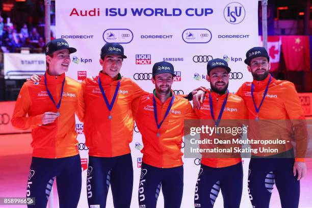 Team Netherlands with Itzhak de Laat, Dennis Visser, Daan Breeuwsma, Sjinkie Knegt and Dylan Hoogerwerf celebrate winning the Mens 5000m Relay Final...
