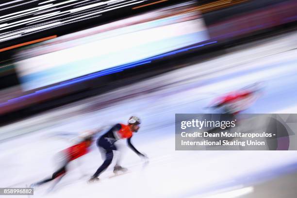 Daan Breeuwsma of the Netherlands competes in the Mens 5000m Relay Final Gold medal during the Audi ISU World Cup Short Track Speed Skating at...