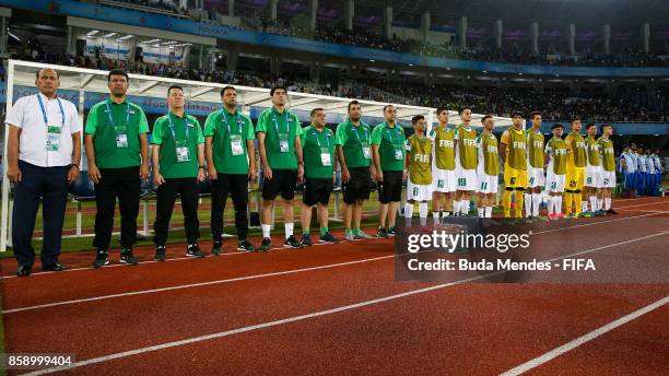 Members of Iraq team line up for the National Anthems ahead of the FIFA U-17 World Cup India 2017 group F match between Chile and England at...