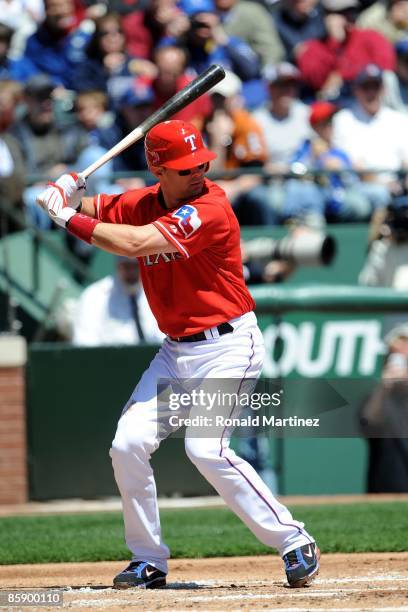 Michael Young of the Texas Rangers during the home opener on April 6, 2009 at Rangers Ballpark in Arlington, Texas.