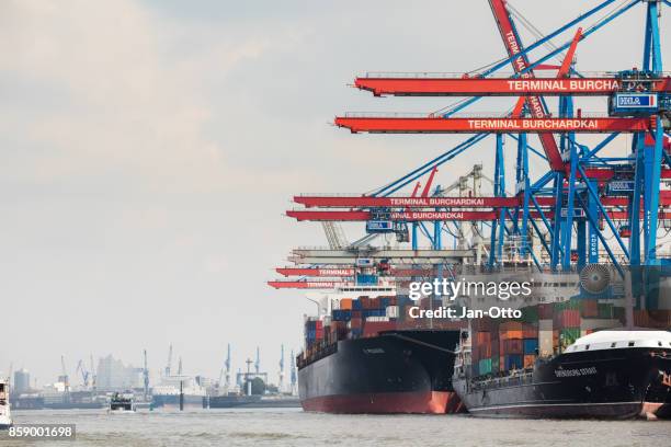 container ships in hamburg harbour - elbphilharmonie stock pictures, royalty-free photos & images