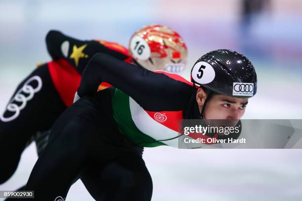 Sahong Liu of Hungary competes in the Mens 1000m semi finals race during the Audi ISU World Cup Short Track Speed Skating at Optisport Sportboulevard...