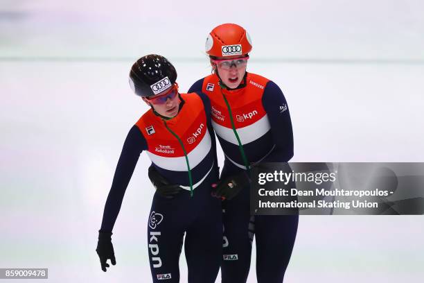 Suzanne Schulting and Yara van Kerkhof of the Netherlands celebrate after the Womens 1000m Final during the Audi ISU World Cup Short Track Speed...