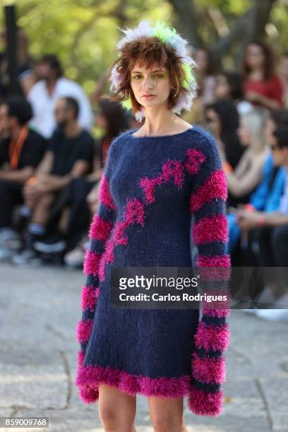Model runs the catwalk during Morecco runway show on October 8, 2017 in Lisboa CDP, Portugal.