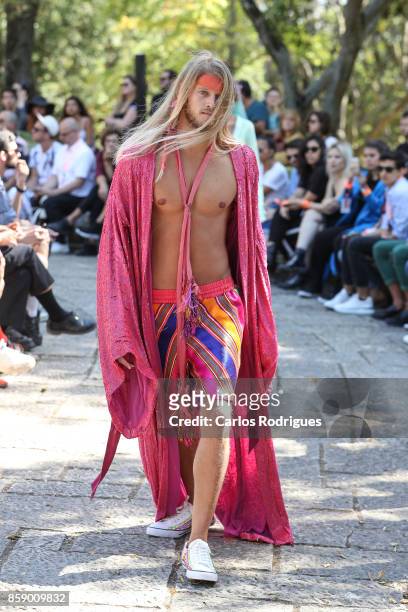 Model walks the catwalk during Morecco runway show on October 8, 2017 in Lisboa CDP, Portugal.