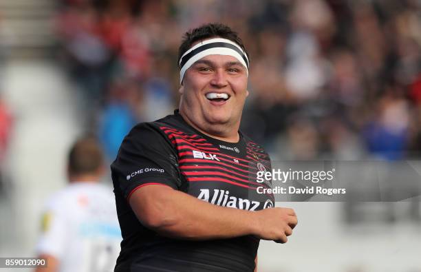 Jamie George of Saracens celebrates after scoring his first try of three during the Aviva Premiership match between Saracens and Wasps at Allianz...