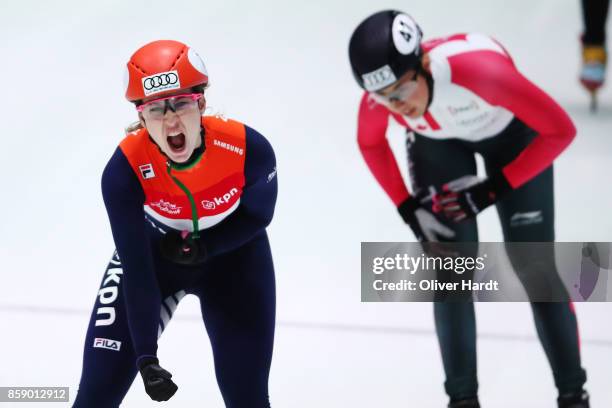 Suzanne Schulting of Netherlands celebrateS after the Ladies 1000m semi finals race during the Audi ISU World Cup Short Track Speed Skating at...