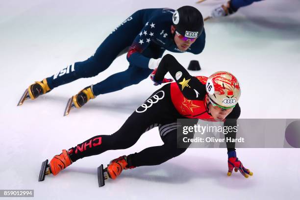 Ren Ziwei of China compete in the Mens 1000m quarter finals race during the Audi ISU World Cup Short Track Speed Skating at Optisport Sportboulevard...