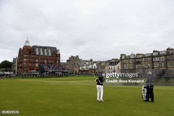 Tyrrell Hatton of England plays his second shot on the 18th during the final round of the 2017 Alfred Dunhill Championship at The Old Course on...