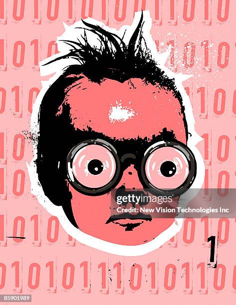 baby wearing thick eyeglasses, binary code in background - spitzhaarfrisur stock-grafiken, -clipart, -cartoons und -symbole