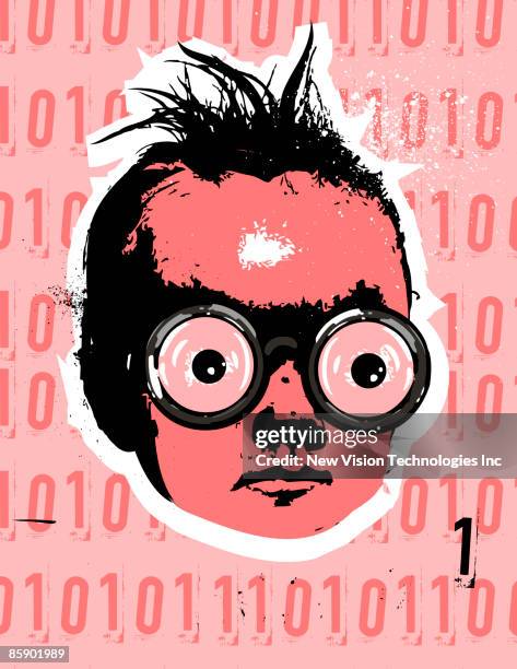 baby wearing thick eyeglasses, binary code in background - determination face stock illustrations