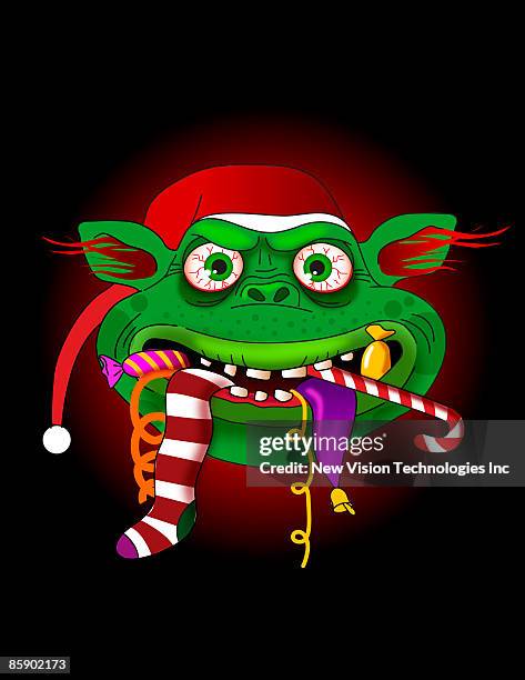 gremlin eating candy and christmas stocking - toffee stock illustrations