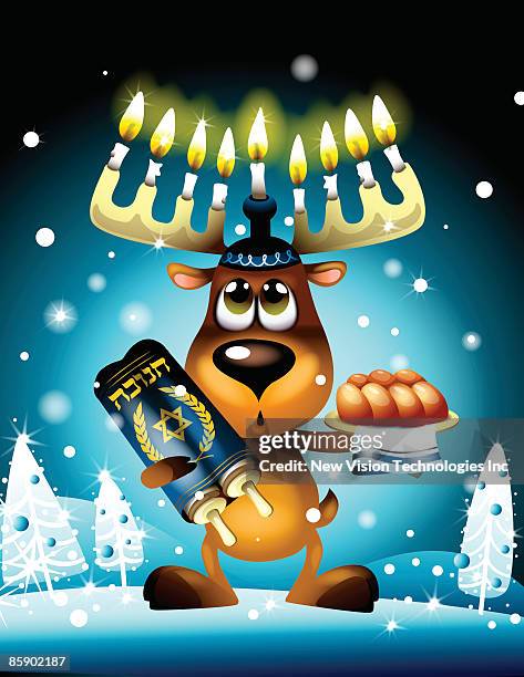 illustrations, cliparts, dessins animés et icônes de reindeer with menorah for antlers - hanukkah animal