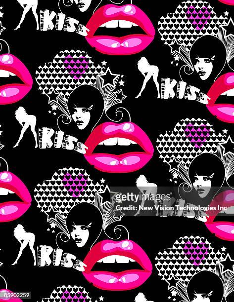 women with hearts stars and word 'kiss' - word of mouth stock illustrations