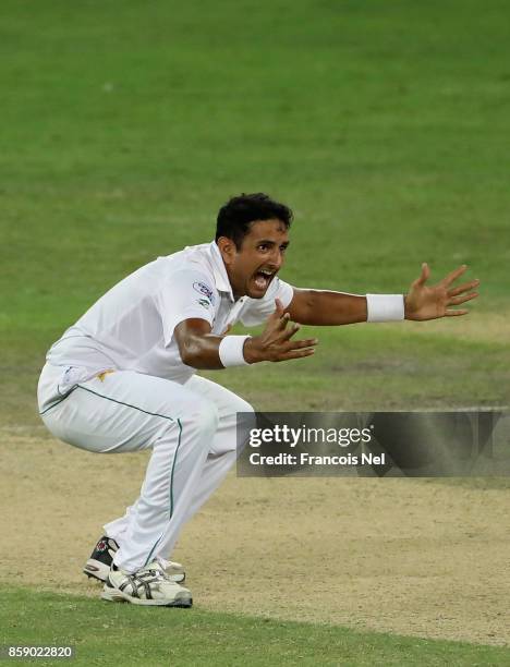 Mohammad Abbas of Pakistan appeals for the wicket of adeera Samarawickrama of Sri Lanka during Day Three of the Second Test between Pakistan and Sri...