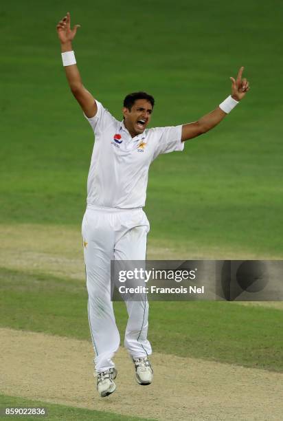 Mohammad Abbas of Pakistan appeals for the wicket of adeera Samarawickrama of Sri Lanka during Day Three of the Second Test between Pakistan and Sri...